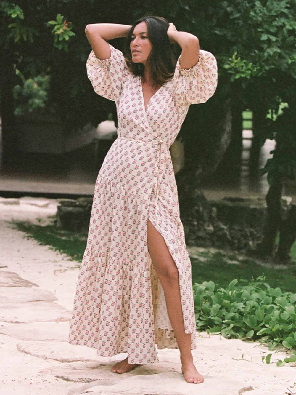 Daughters of India Cream Floral Wrap Maxi Dress with Puff Sleeves and High Slit